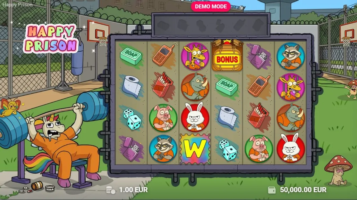 Tampilan visual slot Happy Prison dengan karakter kartun dan elemen penjara yang ceria