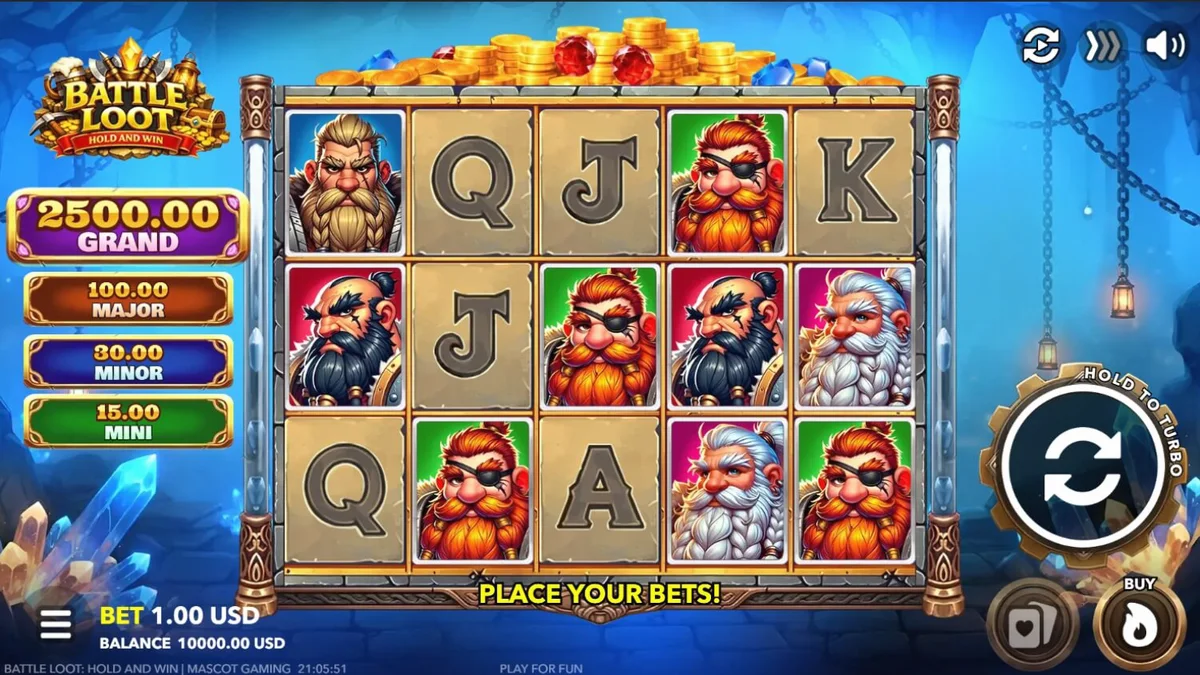 Pemandangan visual slot Battle Loot: Hold and Win dengan tema kurcaci dan harta karun.